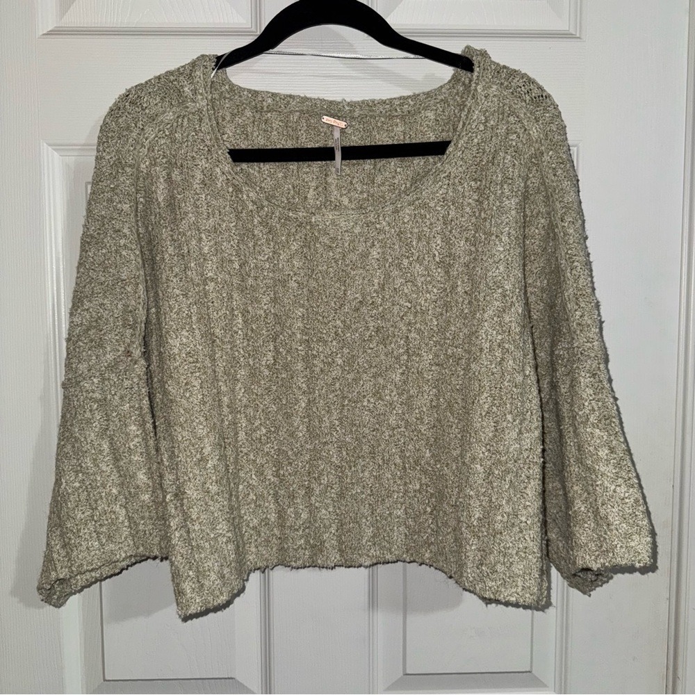 Free People Boho Textured Knit Bell Sleeve Cropped Sweater Olive XS